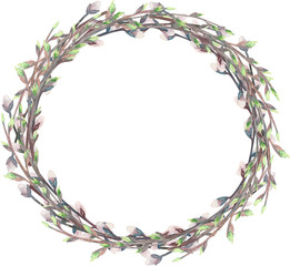 Watercolor pink tulips, leaves, willow, wreath. Spring flower.