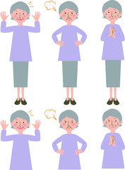 嬉しい驚き,怒り,不安な表情のおばあちゃんの上半身と全身のベクターイラスト