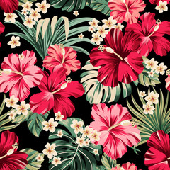 seamless pattern Exotic hawaiian tropical hibiscus flowers and palm on black background  artwork for fabrics, souvenirs, packaging, greeting cards and scrapbooking