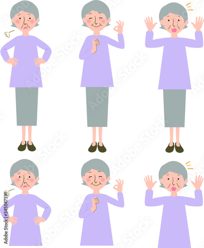 ため息 オッケーサイン 驚きの表情のおばあちゃんの上半身と全身のベクターイラスト Wall Mural 佑香 林
