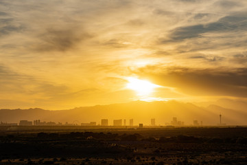 Sunset view of the beautiful strip skyline with red clouds