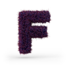 Capital letter F. Uppercase. Purple fluffy and furry font. 3D