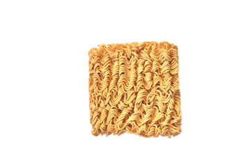 Uncooked instant noodles on a isolated white background. This food is suitable for the Covid-19 pandemic.