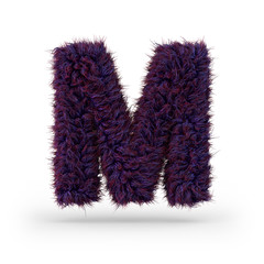 Capital letter M. Uppercase. Purple fluffy and furry font. 3D