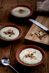 Phirni, a traditional and delicious indian style milk and rice based creamy dessert, served in clay pot