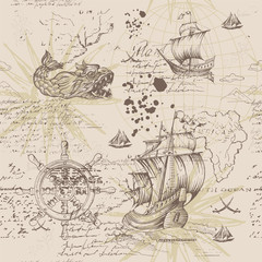 Vector abstract seamless background on the theme of travel, adventure and discovery. Old hand drawn map with vintage sailing yachts, wind rose, routs, nautical symbols and handwritten inscriptions