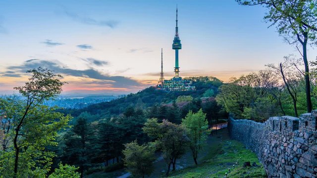 Time lapse Twilight Seoul Tower in Spring at south korea, 2018 April, 26