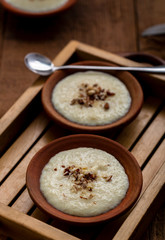 Phirni, a traditional and delicious indian style milk and rice based creamy dessert, served in clay pot