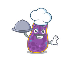 Shigella sp. bacteria chef cartoon character serving food on tray