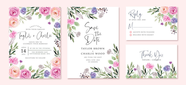 Wedding Invitation Set With Beautiful Flower Watercolor