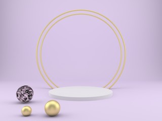 3d rendering studio with geometric shapes, podium on the floor. Platforms for product presentation, mock up background.