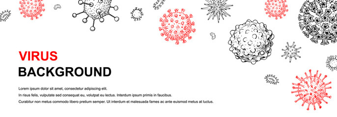 Horizontal virus banner with hand drawn design elements. Microscope virus close up. Vector illustration in sketch style. COVID-2019 © Kseniia