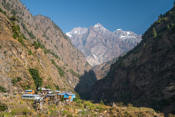 Fototapeta premium Deng village, small village in Manaslu circuit trekking route surrounded by Himalaya mountains range in Nepal