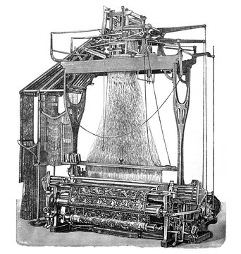 Antique manual  weaving loom or spinner machines  / Antique illustration from Brockhaus Konversations - Lexikon 1908