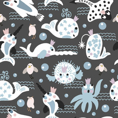 Hand drawn. Seamless pattern vector illustration. Pastel color. Cute cartoon. Sea fish, gull and wave. For baby textile or decoration. 