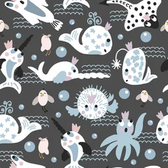Wall murals Sea waves Hand drawn. Seamless pattern vector illustration. Pastel color. Cute cartoon. Sea fish, gull and wave. For baby textile or decoration. 