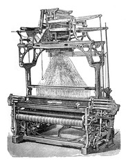 Antique manual  weaving loom or spinner machines / Antique illustration from Brockhaus Konversations - Lexikon 1908