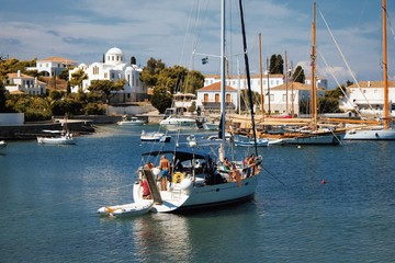 View of the old harbour in Spetses island, Saronic gulf, Greece, September 24 2015.