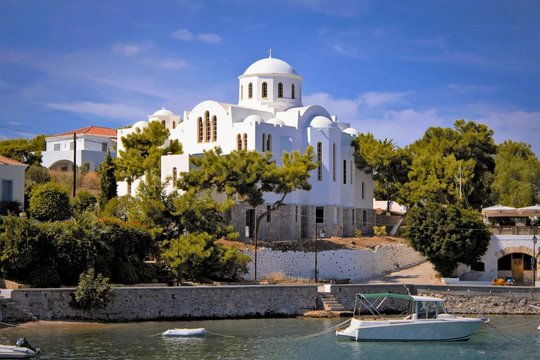 Greece, Spetses island, Saronic gulf, the church of Agios Nikolaos in the old harbour.