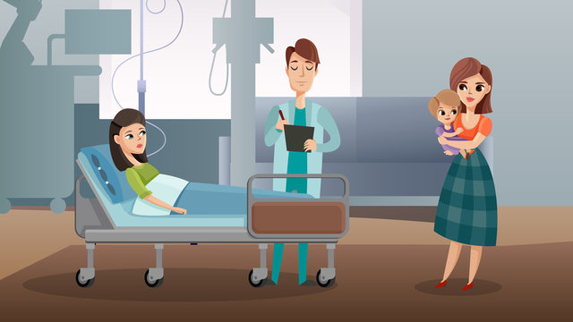 Doctor visit to the woman patient lying in a medical bed. Vector illustration flat style. Intensive therapy healthcare concept hospital room interior modern clinic horizontal.