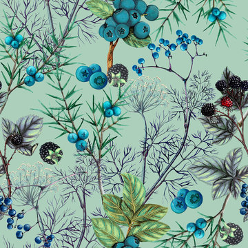 Watercolor botanical pattern of forest berries