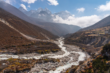 Himalaya mountains range and river landscape in Everest base camp trekking route, Nepal