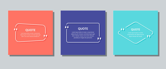 Quote frame box. Vector. Quotations text template. Info comments and messages in textboxes on blue, red background. Set citation with white border. Colorful illustration. Modern design. Simple concept