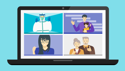 COVID-19 Healthcare Female Doctor Nurse Medical Worker Full Covered Hazmat Suit PPE Video Call Web Conference Teleconference Remote Virtual Meetings with Daughter Kid Husband Family During Break Time