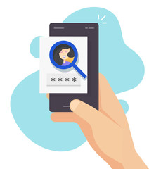 Face identification id on mobile phone smartphone or web facial recognition security and password login protection vector flat, personal identity detection verification scan, biometric security tech