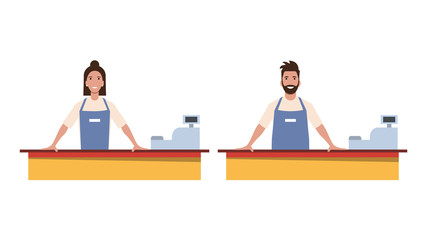 A set of cashiers / shop assistants or cafe / diner workers. Working staff. Flat style. Vector illustration.

