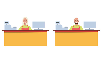 A set of cashiers / shop assistants or cafe / diner workers. Working staff. Flat style. Vector illustration.
