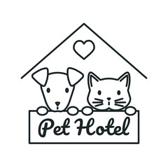 Vector flat line logotype for pet hotel service with cat and dog in booth