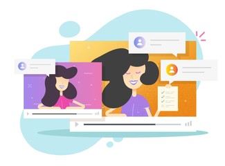 Distance learning and study by video call conference online and two people discussing exam survey or test results flat, internet remote webinar and woman web communicate, education concept image