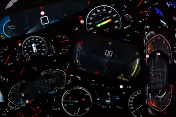 Transportation wallpaper background consists of various car dashboard panels. Different types of car clusters arranged in random way. Set of many illuminated vehicle counters stacked together.