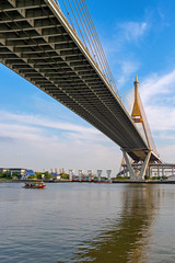Bhumibol Bridge with water reflection  of thailand