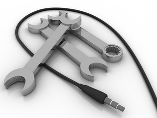 3d illustration wrench and spanner with aux cable
