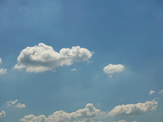 Clear blue sky with cumulus and cirrus clouds. Sunny weather. Joyful mood. High pressure. Clean air ecology. Water in a gaseous state. The source of rain and hail. Weather prediction