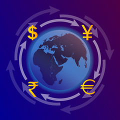 Currency exchange. Symbols of money, currencies of different countries of the world are located on arrows around the Earth