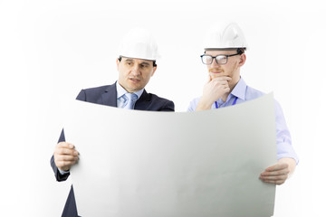 Engineers reading instructions. Engineer and businessman meeting, team work discussion. Head of project and chief engineer planing, measuring layout of building blueprint isolated on white background