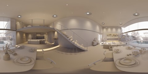 3d illustration spherical 360 vr degrees, a seamless panorama of the room and apartment . interior design 3D rendering.reception in a modern panoramic house.