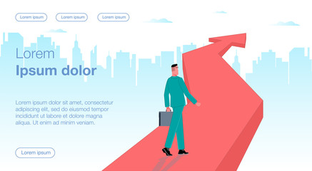 The right way. A businessman with a briefcase follows the arrow of a growing chart. City on the background. Business vector concept illustration.