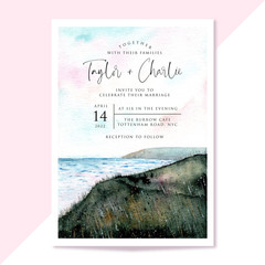wedding invitation with pastel seascape watercolor