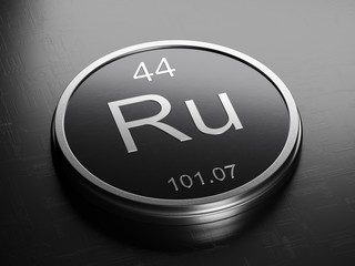 Ruthenium element from periodic table on futuristic round shiny metallic icon 3D render	