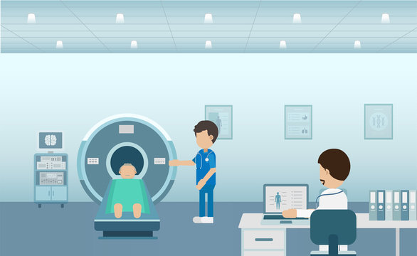 Doctor with patient in mri scanner
