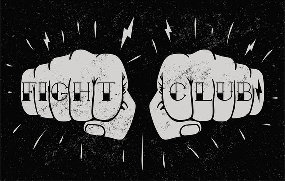 Two front view fists with fight club caption tattoo on fingers. Fighting club concept illustration for poster design or t-shirt design. Vintage styled vector illustration