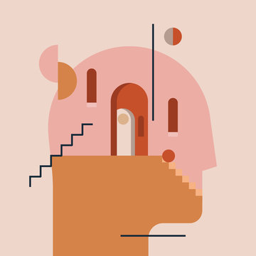 Inner World. Thinking Process. Open Mind. Humans Head Silhouette With Modern Minimal Architecture And Abstract Geometric Shapes Inside. Psychologic Psychotherapy Concept. Vector Illustration