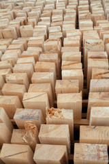 Wooden planks. Beams. Air-drying timber stack.
