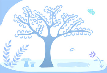 Blue color forest tree pool flower leaves tone palette water vector illustration background transparent nature design