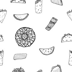Mexican cuisine, traditional food hand drawn doodle transparent pattern on white background with burritos, quesadillas, empanadas, tacos, tamales, nachos. Vector illustration.