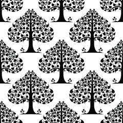 Bodhi Tree and Bodhi leaves  design with Lanna Thailand traditional ornament concept motif black and white for print seamless pattern vector background 